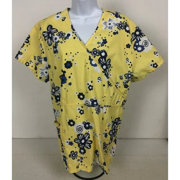 Cherokee Scrub Top Women Size XL Yellow w Black White Flowers Pockets Tie Back - Picture 1 of 14